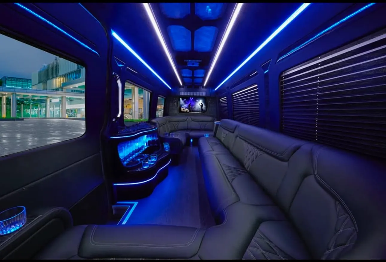 Mercedes Sprinter Limo 2023+ or similar — Sprinter Limo for DCA airport car service and Washington DC black car service, seats 13